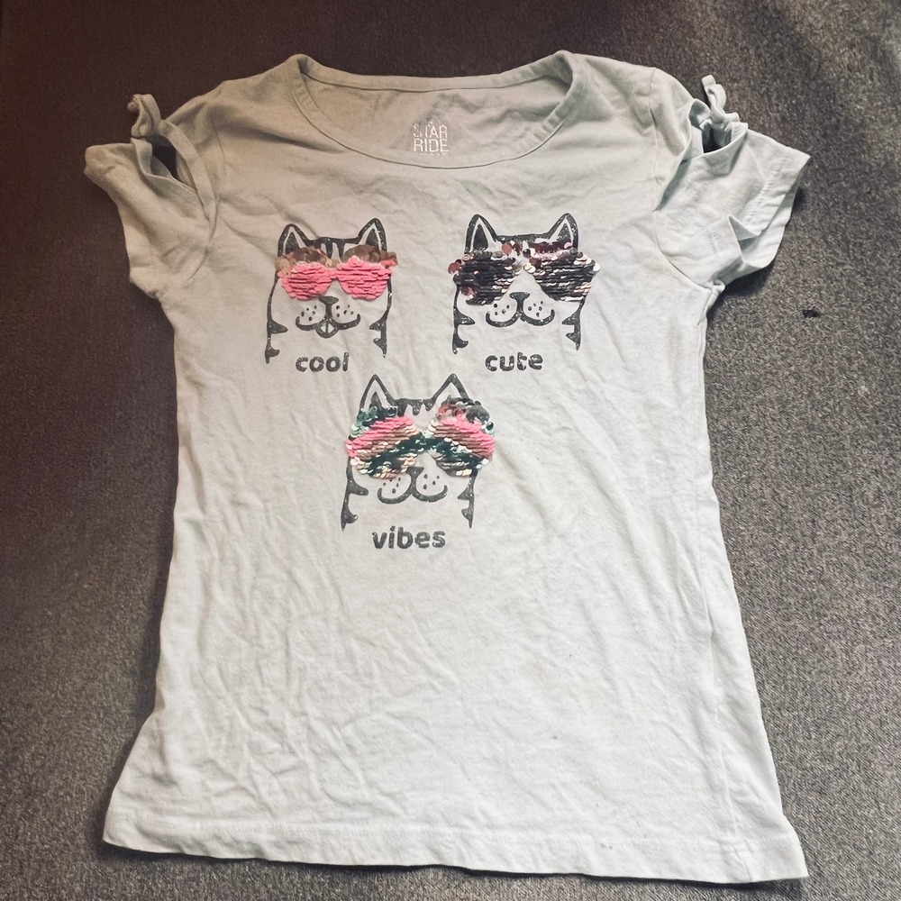 Star Ride Graphic Tee Girls L 10/12 Blue Sequin Cat Cold Shoulder Top